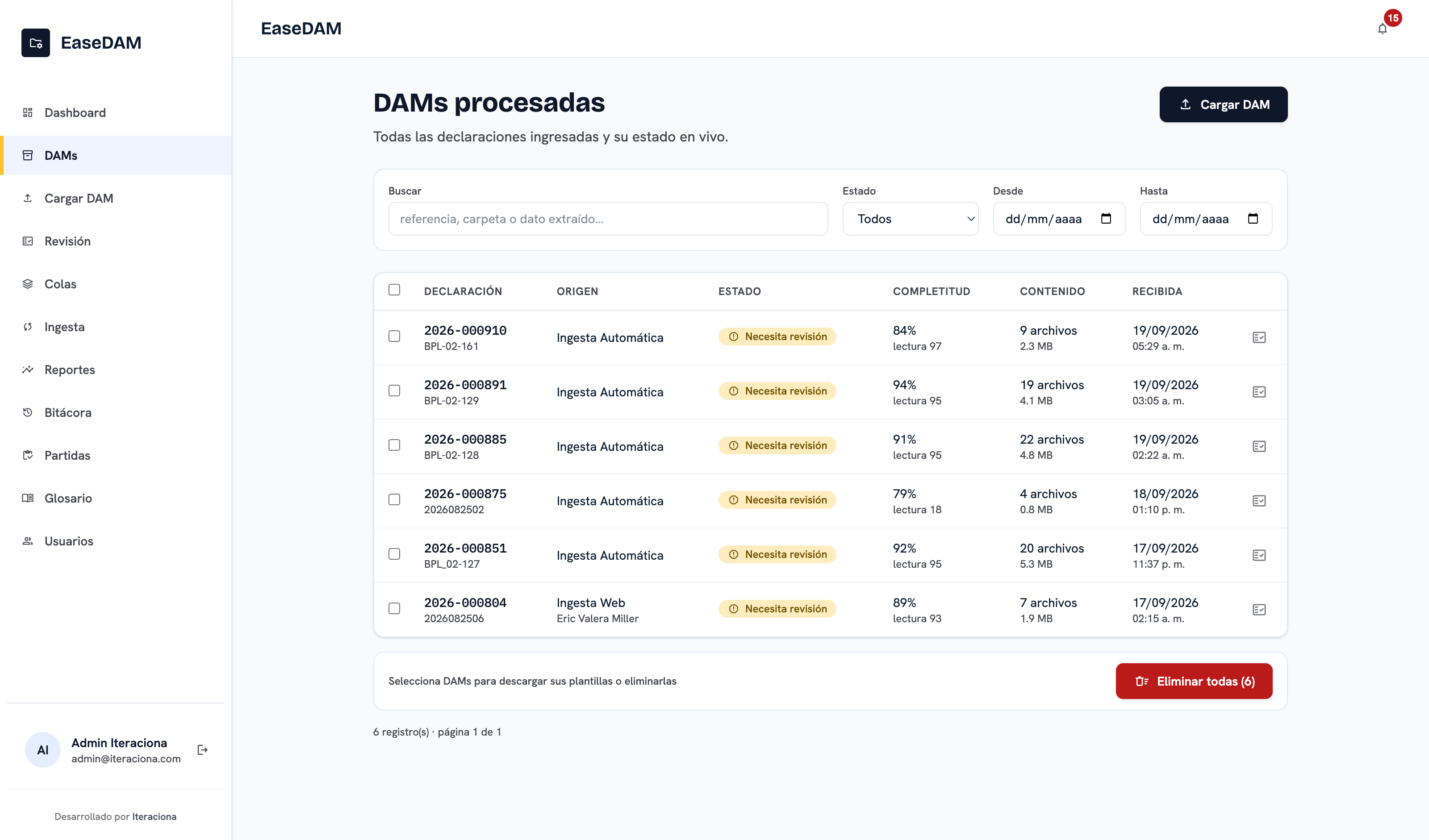 Listado de declaraciones procesadas con su estado, porcentaje de completitud y número de archivos